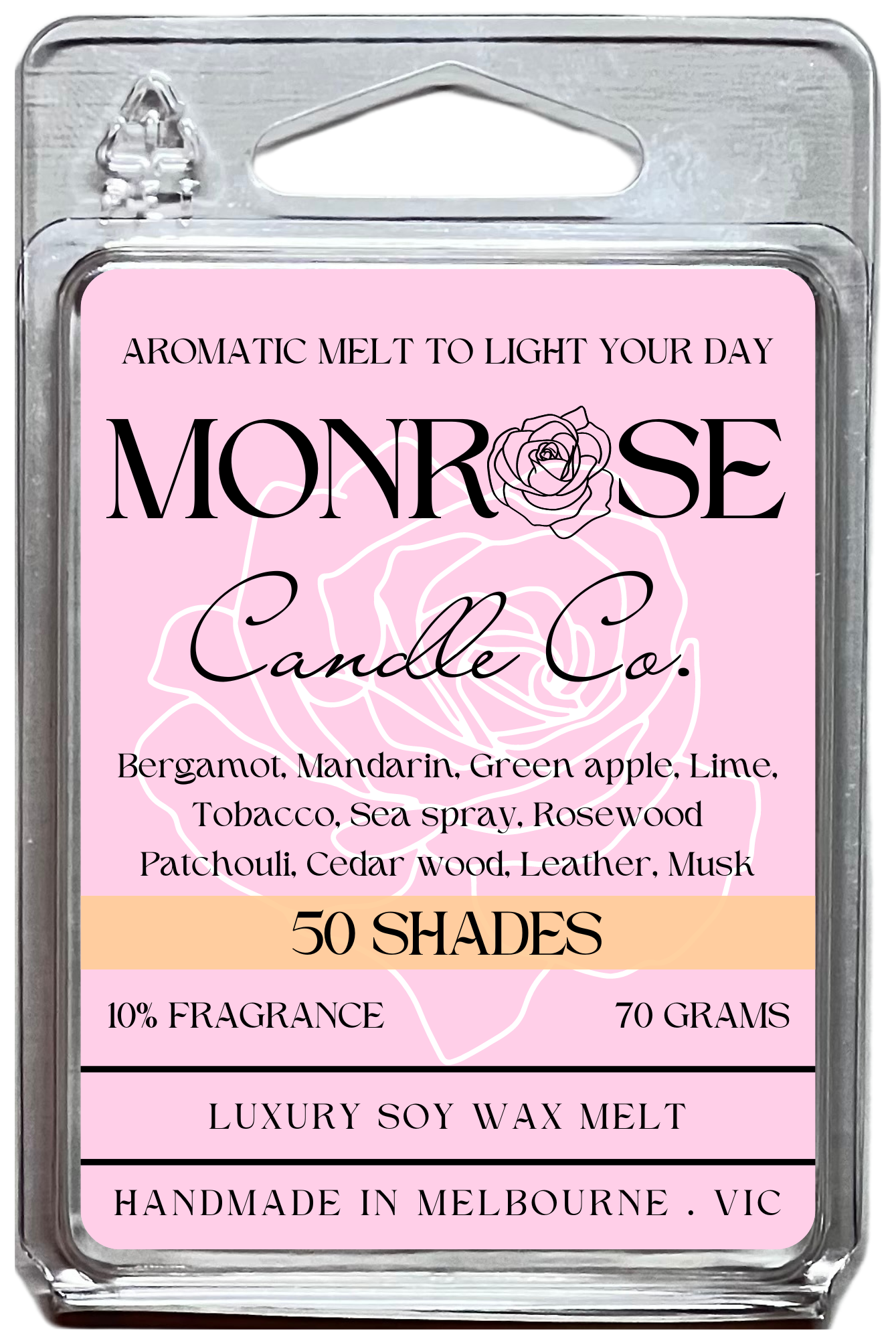 "This is the front view of 6-pack wax melt with "50 shades" fragrance and 70 grams soy wax, crafted in Melbourne, Australia."