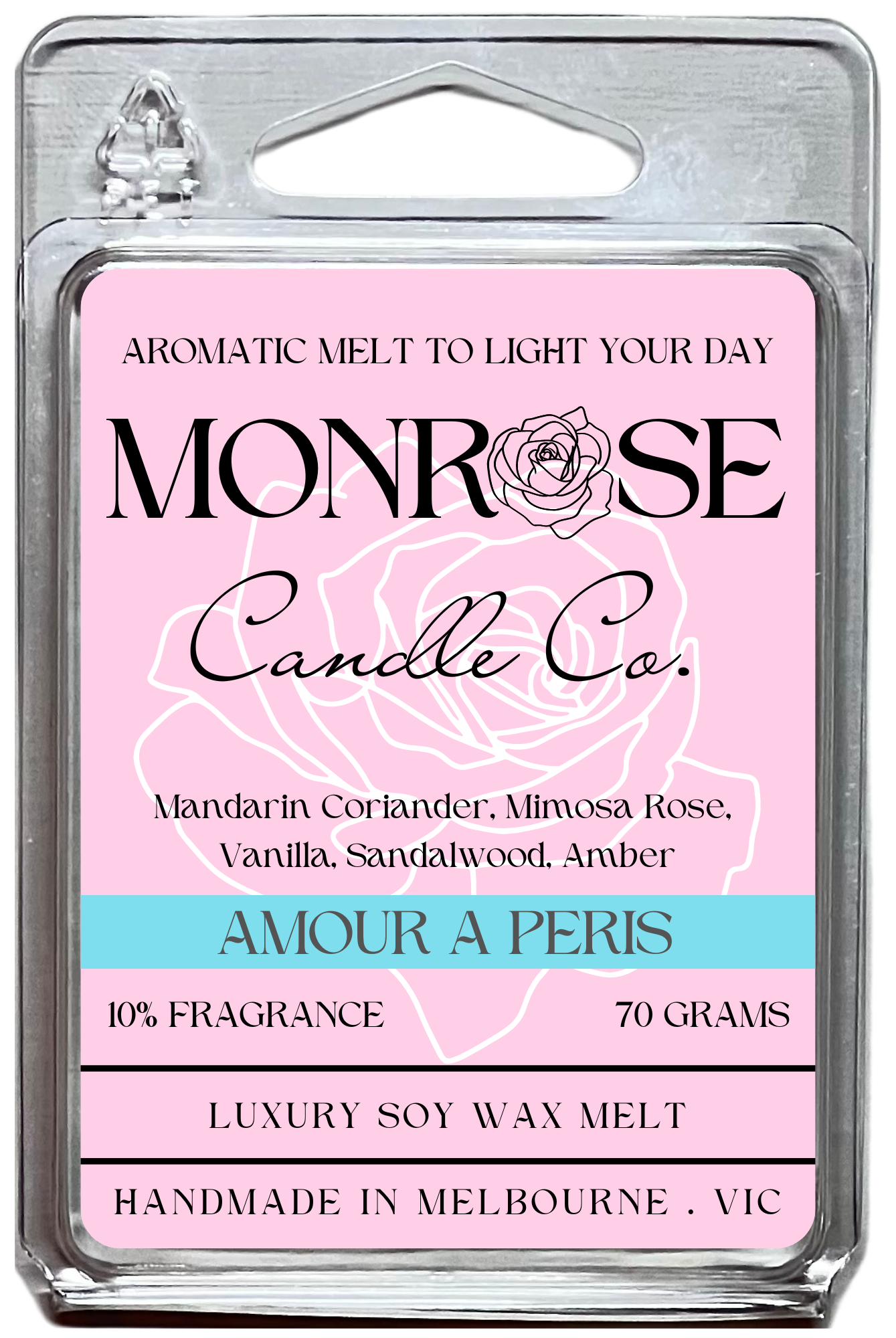 "This is the front view of 6-pack wax melt with "Amour a Paris" fragrance and 70 grams soy wax, crafted in Melbourne, Australia."