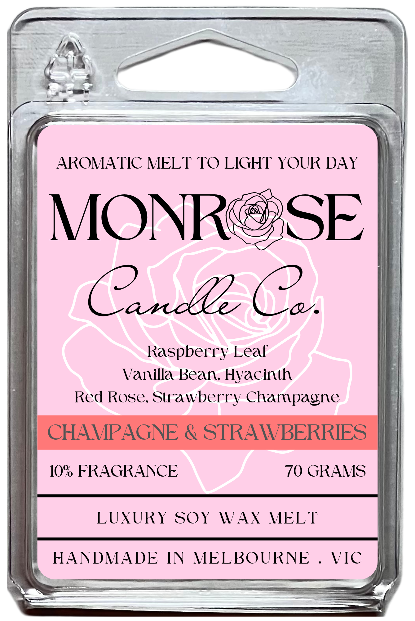 This is the front view of 6-pack wax melt with "Champagne and strawberries" fragrance and 70 grams soy wax, crafted in Melbourne, Australia.