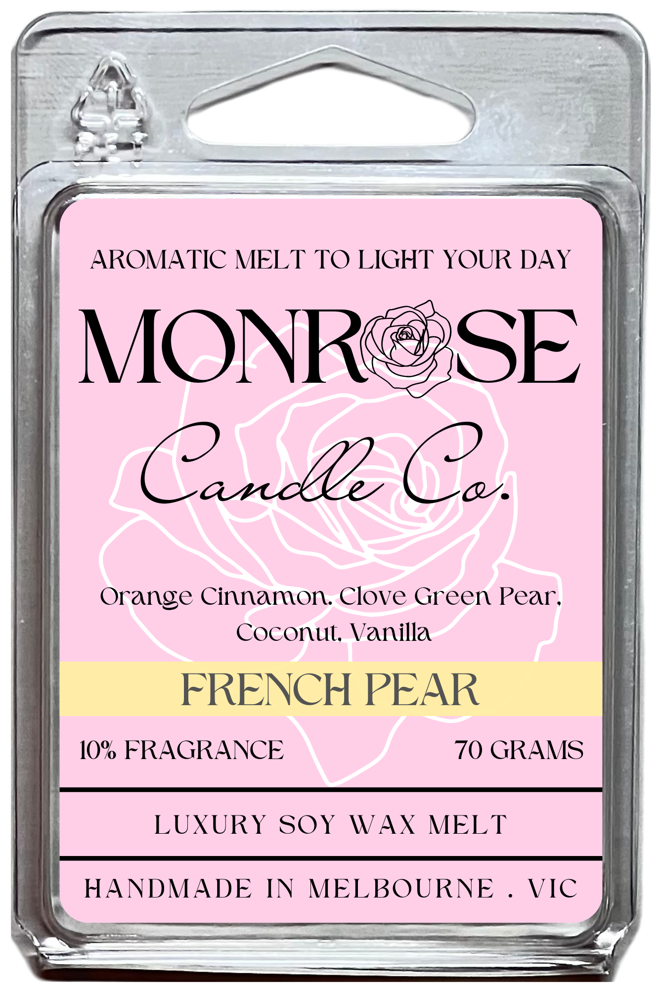 "This is the front view of 6-pack wax melt with "French pear" fragrance and 70 grams soy wax, crafted in Melbourne, Australia."
