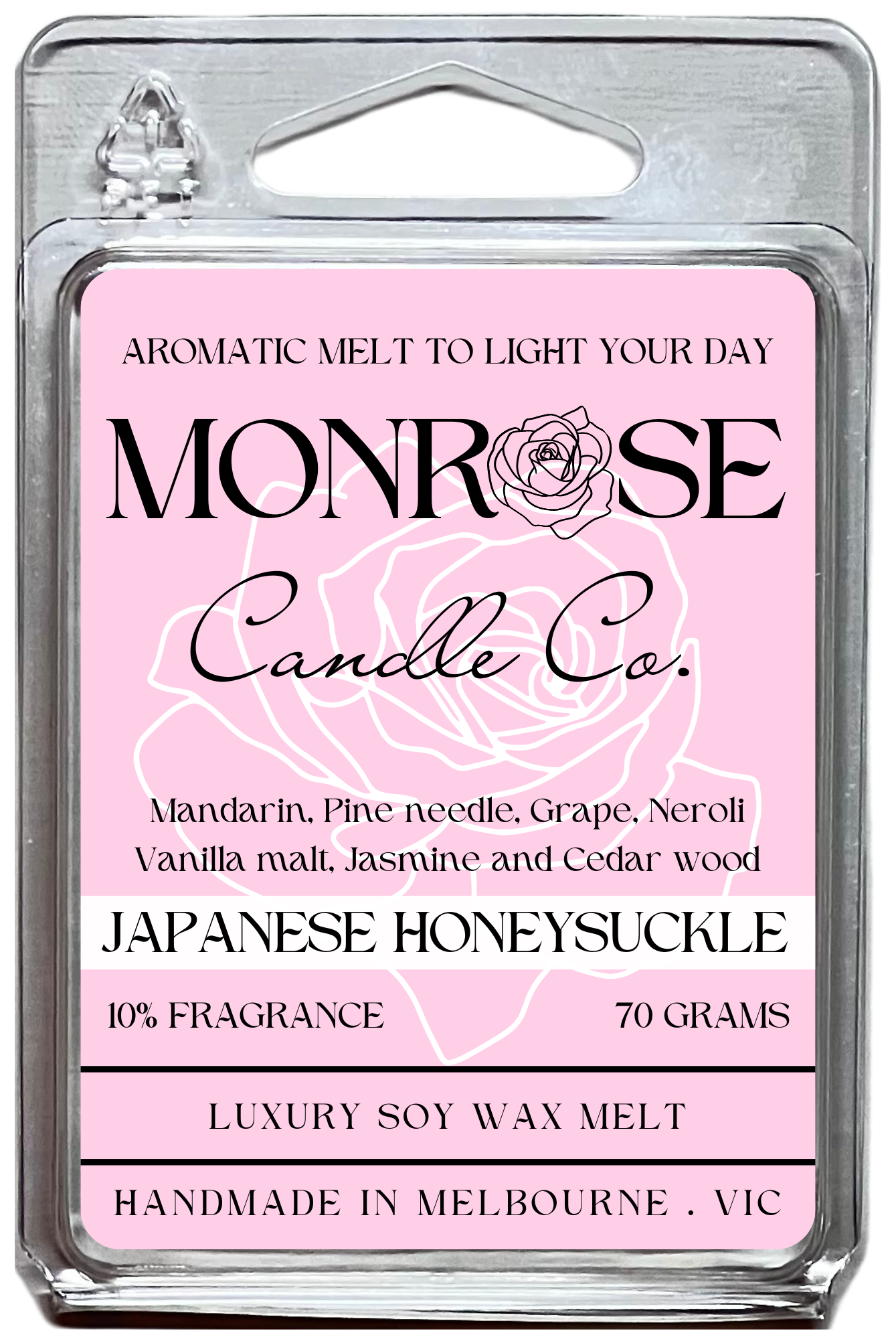 "This is the front view of 6-pack wax melt with "Japanese honeysuckle" fragrance and 70 grams soy wax, crafted in Melbourne, Australia."