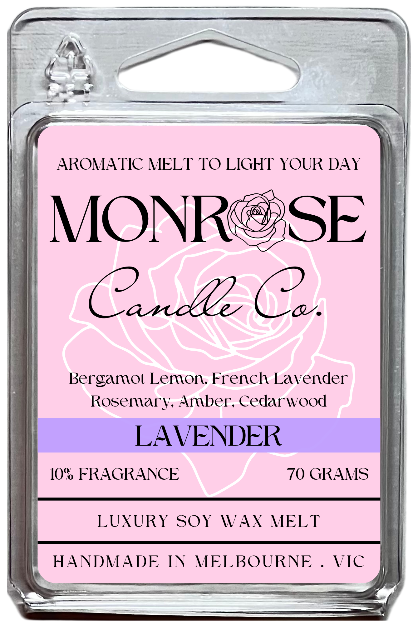 This is the front view of 6-pack wax melt with "Lavender" fragrance and 70 grams soy wax, crafted in Melbourne, Australia.