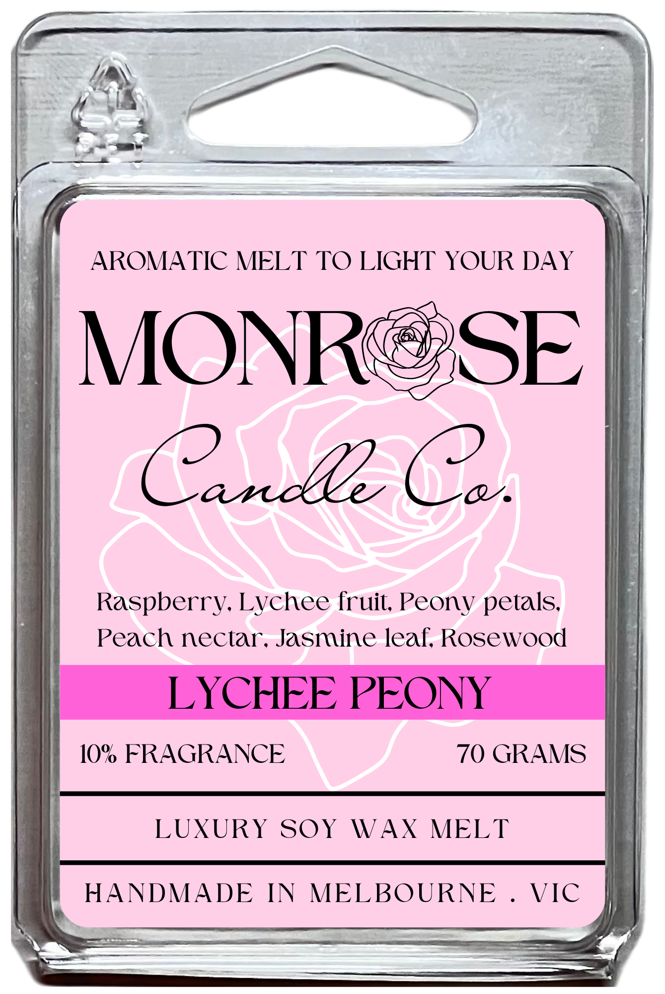 "This is the front view of 6-pack wax melt with " Lychee peony " fragrance and 70 grams soy wax, crafted in Melbourne, Australia."