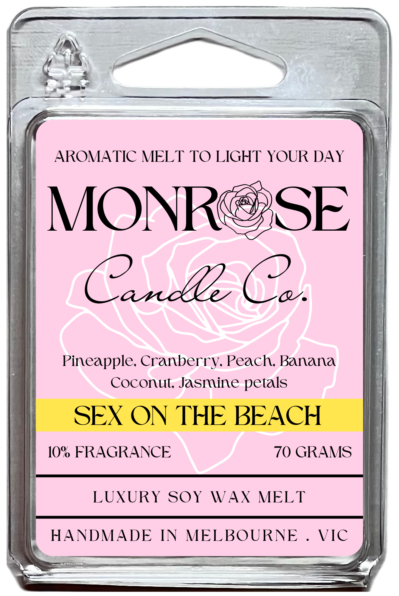 This is the front view of 6-pack wax melt with " Sex on the beach " fragrance and 70 grams soy wax, crafted in Melbourne, Australia.