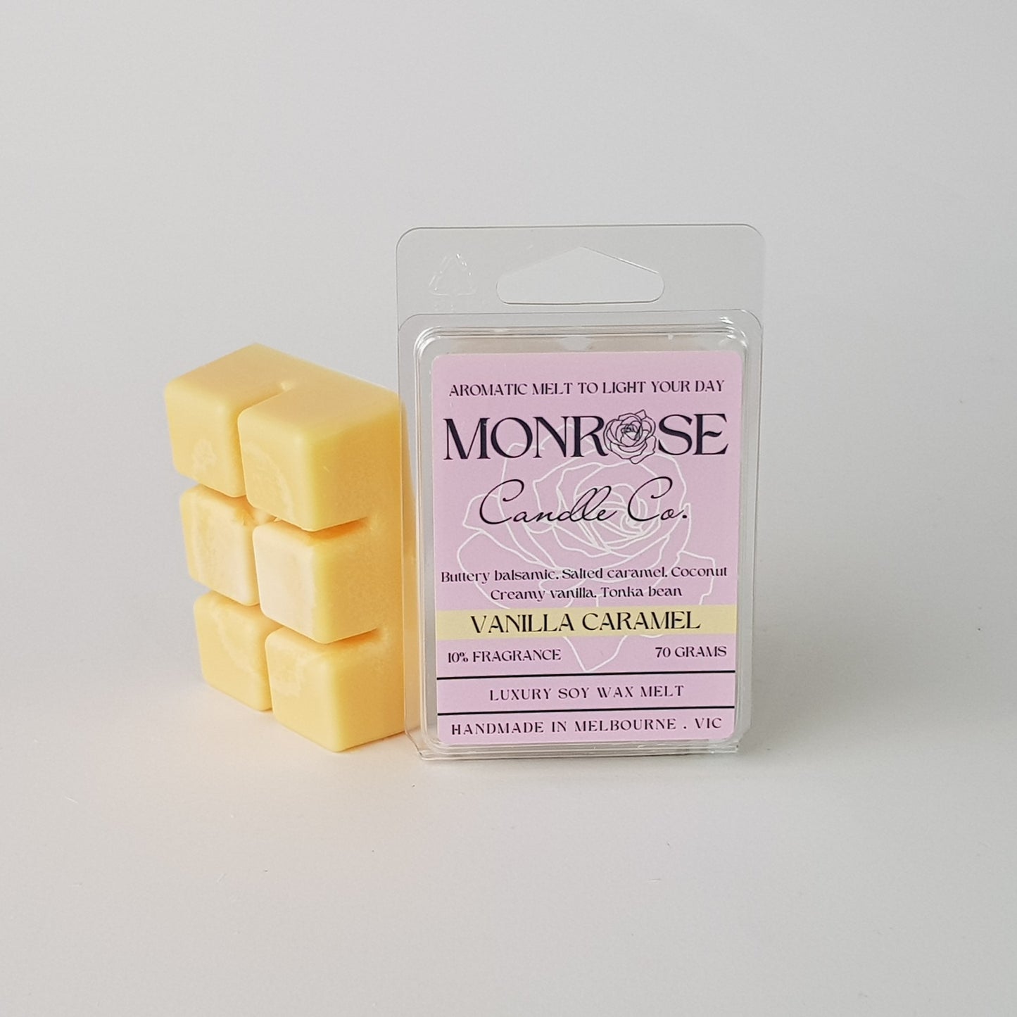 "This is the side view of a 6 pack soy wax melt, featuring a blue solid wax melt standing on the left of the packaging. The fragrance of the wax melt is " vanilla caramel " and contains 70 grams of soy wax and it is hand crafted in Melbourne, Australia."