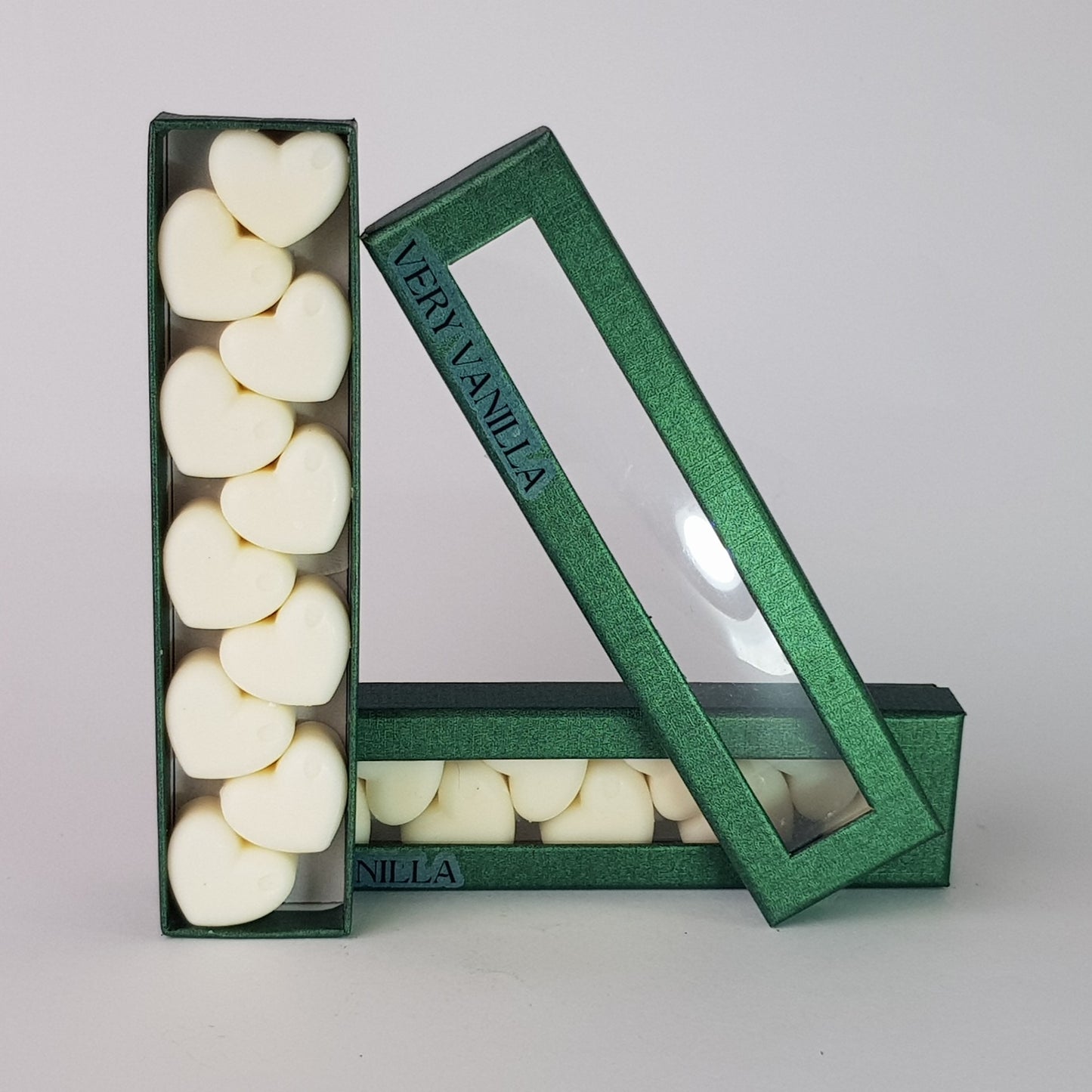 "This is the front view of heart shaped soy wax melts, featuring 10 solid wax melts inside a rectangular box. The fragrance of the wax melt is "Very vanilla" and it contains 76 grams of soy wax and it is hand crafted in Melbourne, Australia."
