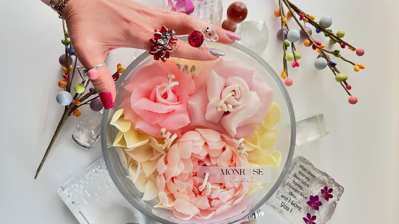 "Second Top view of a large bowl rose candle with "1 million" fragrance and 6 cotton wick, containing 850 grams of soy wax and offering  145 hours of burn time.