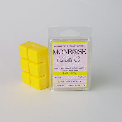 "This is the front view of a 6 pack soy wax melt, featuring a yellow solid wax melt standing on the left. The fragrance of the wax melt is 1 Million and  contains 70 grams of soy wax and hand crafted in Melbourne, Australia."