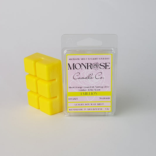 "This is the front view of a 6 pack soy wax melt, featuring a yellow solid wax melt standing on the left. The fragrance of the wax melt is 1 Million and  contains 70 grams of soy wax and hand crafted in Melbourne, Australia."
