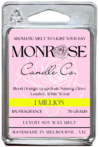 "This is the front view of 6-pack wax melt with "1 Million" type fragrance and 70 grams soy wax, crafted in Melbourne, Australia."
