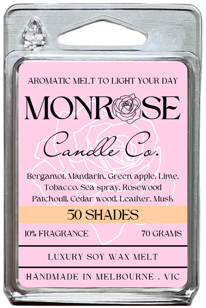 "This is the front view of 6-pack wax melt with "50 shades" fragrance and 70 grams soy wax, crafted in Melbourne, Australia."
