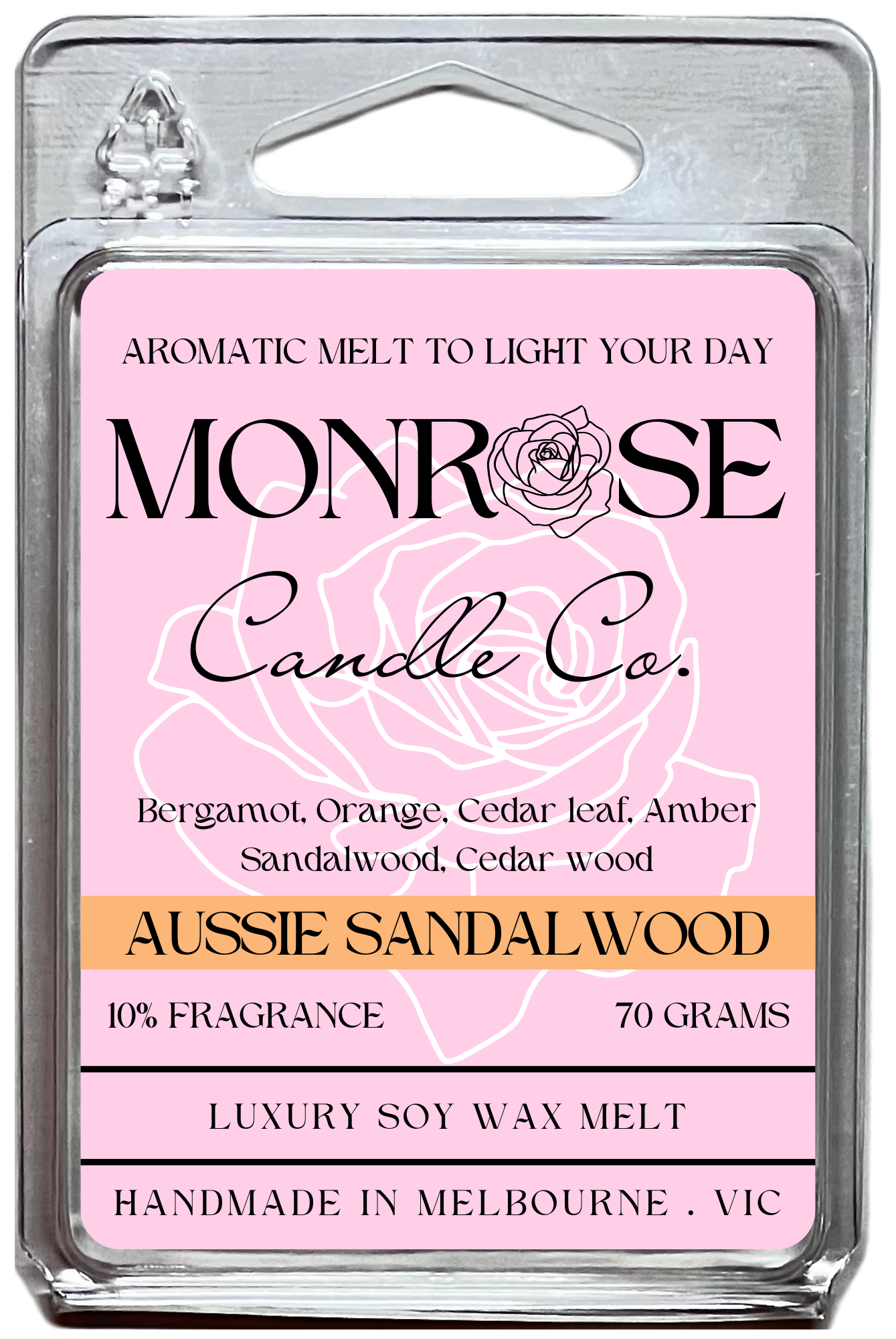 This is the front view of 6-pack wax melt with "Australian sandalwood" fragrance and 70 grams soy wax, crafted in Melbourne, Australia.