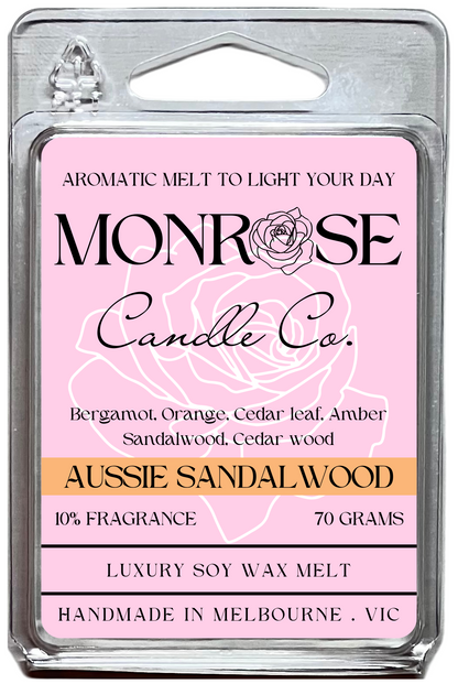 This is the front view of 6-pack wax melt with "Australian sandalwood" fragrance and 70 grams soy wax, crafted in Melbourne, Australia.