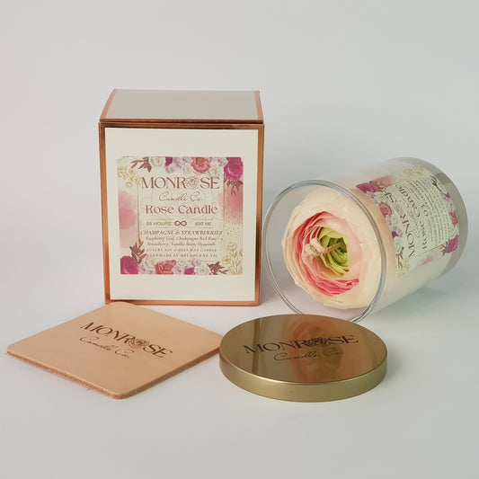 Side view of a Rose Candle No.3 in a clear jar with "Champagne and strawberries" fragrance and cotton wick, containing 365 grams of soy wax and offering 56 hours of burn time.