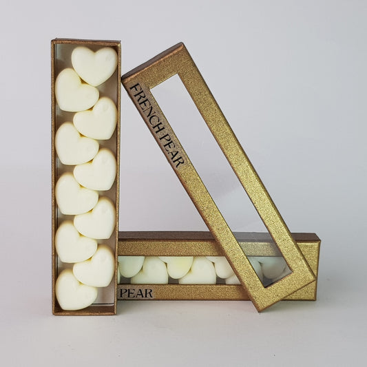 "This is the front view of heart shaped soy wax melts, featuring 10 solid wax melts inside a rectangular box. The fragrance of the wax melt is  "French pear" and it contains 76 grams of soy wax and it is hand crafted in Melbourne, Australia."