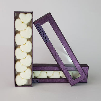 "This is the front view of heart shaped soy wax melts, featuring 10 solid wax melts inside a rectangular box. The fragrance of the wax melt is  "Lavender" and it contains 76 grams of soy wax and it is hand crafted in Melbourne, Australia."