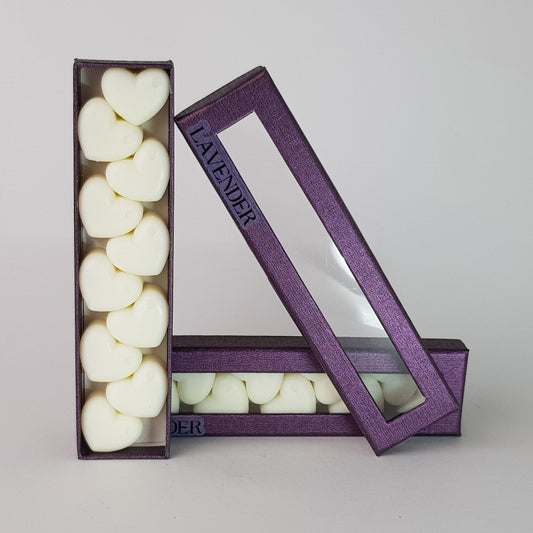 "This is the front view of heart shaped soy wax melts, featuring 10 solid wax melts inside a rectangular box. The fragrance of the wax melt is  "Lavender" and it contains 76 grams of soy wax and it is hand crafted in Melbourne, Australia."