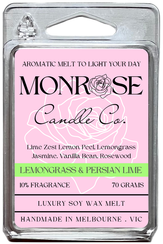 This is the front view of 6-pack wax melt with "Lemongrass and persian lime" fragrance and 70 grams soy wax, crafted in Melbourne, Australia.