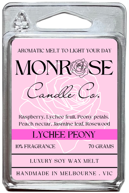 "This is the front view of 6-pack wax melt with " Lychee peony " fragrance and 70 grams soy wax, crafted in Melbourne, Australia."