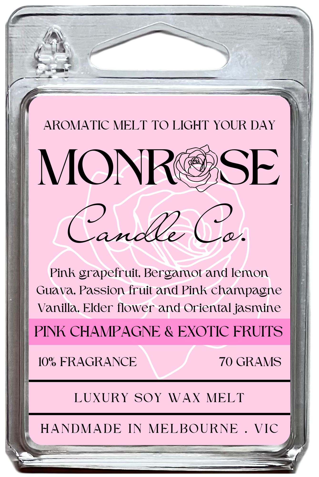 "This is the front view of 6-pack wax melt with " Pink champagne and exotic fruits " fragrance and 70 grams soy wax, crafted in Melbourne, Australia."