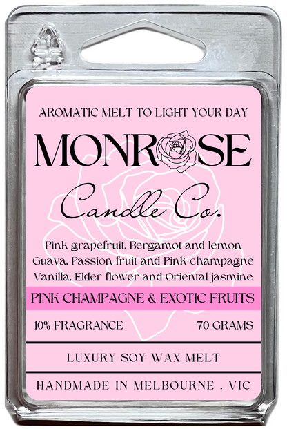 "This is the front view of 6-pack wax melt with " Pink champagne and exotic fruits " fragrance and 70 grams soy wax, crafted in Melbourne, Australia."