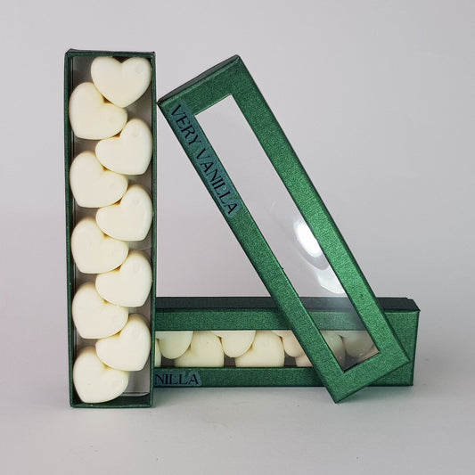 "This is the front view of heart shaped soy wax melts, featuring 10 solid wax melts inside a rectangular box. The fragrance of the wax melt is  "Very vanilla" and it contains 76 grams of soy wax and it is hand crafted in Melbourne, Australia."