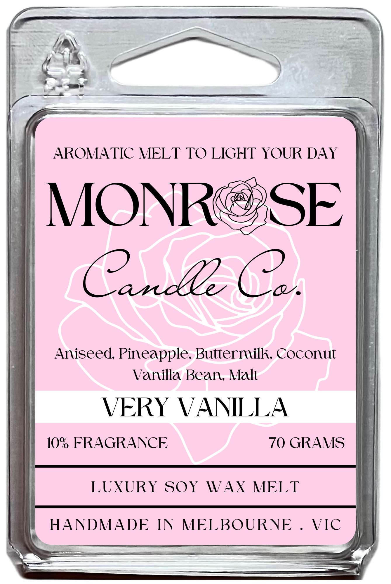 This is the front view of 6-pack wax melt with " Very vanilla " fragrance and 70 grams soy wax, crafted in Melbourne, Australia.