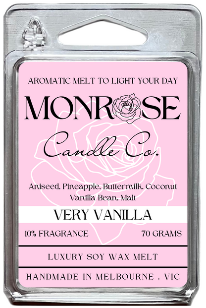 This is the front view of 6-pack wax melt with " Very vanilla " fragrance and 70 grams soy wax, crafted in Melbourne, Australia.