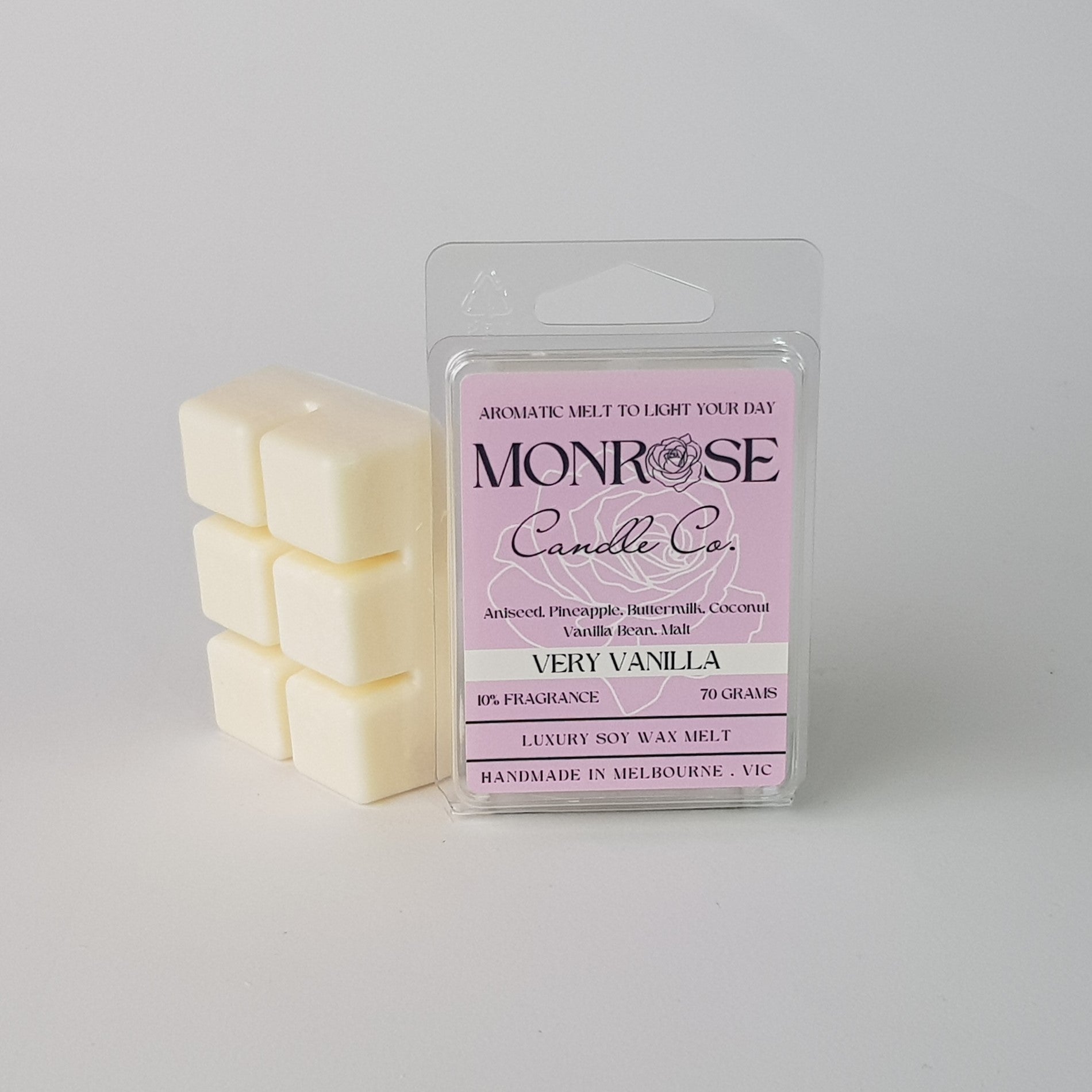 This is the side view of a 6 pack soy wax melt, featuring a blue solid wax melt standing on the left of the packaging. The fragrance of the wax melt is "Very vanilla" and contains 70 grams of soy wax and it is hand crafted in Melbourne, Australia.